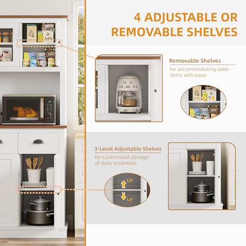 Image of 71 inch Kitchen Hutch with Charging Station and Microwave Stand, White