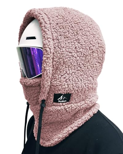 Senllen Winter Fuzzy Balaclava Fleece Ski mask for Women/Men Cold Weather Neck Warmer Tube Thermal Sherpa Hood Hooded Scarf Coral Pink