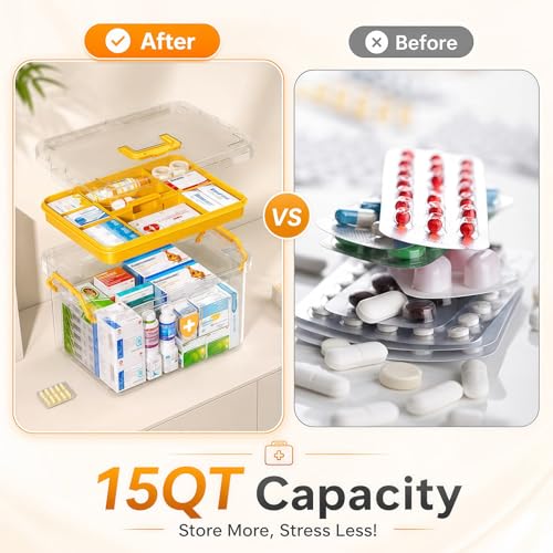 Image of 2 Pack Clear Medicine Organizer Box with Handle, Plastic Medicine Container with Tray First Aid Box Empty, Thickened Medicine Storage Organizer Multipurpose Medication Organizer Storage, Yellow