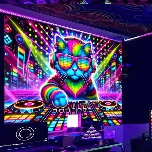 Image of Nuxovilar DJ Cat UV Reactive Tapestry, 78.74 inchx59.05 inch Polyester