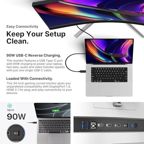 Image of MP Mobile Pixels 34 inch Mini-LED Curved Gaming Monitor, DQHD 3440x1440 165Hz 1ms, HDR1000, 99% sRGB /Adobe RGB, 90W USB-C, FreeSync Premium, Built-in Speakers