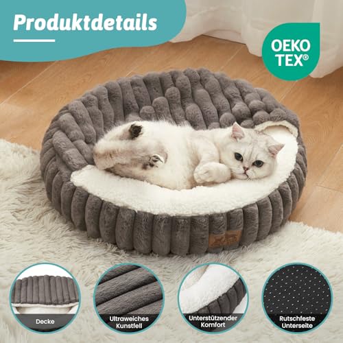 COZY KISS Katzenbett mit Decke 50x50x15cm - Flauschige Kleine Katzenhöhle - Kissen, Runde kleine Hundebett mit Rutschfester Unterseite, Katzensofa mit Kopfstütze aus Kunstfell, Waschbares, Grau