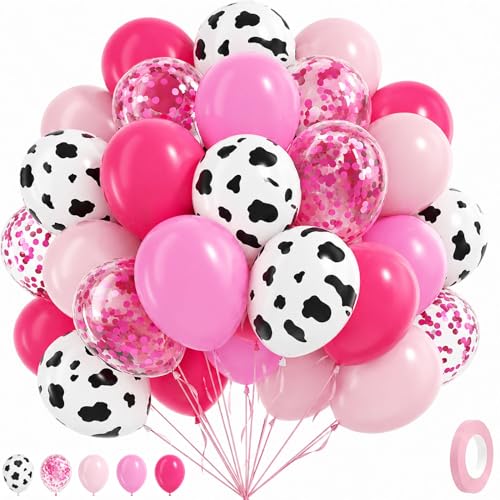 Image of 100Pcs Cowgirl Balloons, Hot Pink Light Pink Confetti Cow Print Balloons | 12 Inch Pink Cow Print Latex Balloon for Western Rodeo Farm Birthday Party Baby Shower Gender Reveal Party Decorations