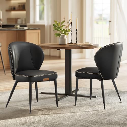 Image of VASAGLE Dining Chairs Set of 2, Upholstered Kitchen Chairs | Synthetic Leather with Stitching, Mid-Century Modern, Easy Assembly, Living Room Lounge, Ink Black