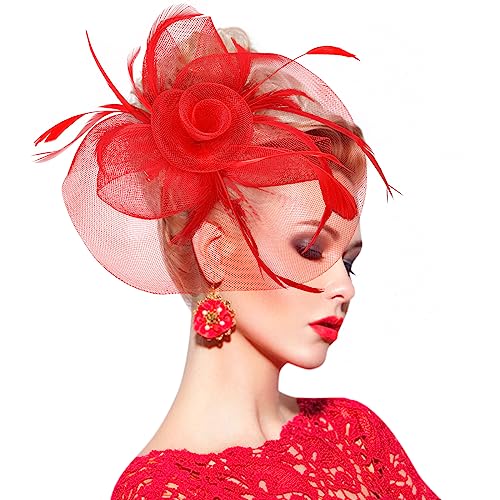 Bibi à cheveux en plumes rouges pour femme, voile en maille avec pince à cheveux, chapeau bibi rouge vintage, accessoires de cheveux pour mariage, courses,...