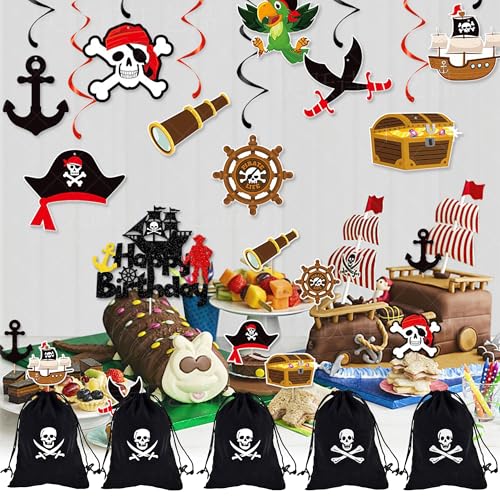 XCSJ 12 Pcs Piraten-Geschenktüten, 15x11 cm, Wiederverwendbare Halloween Piratenbeutel mit Kordelzug, Piraten Deko, Gastgeschenke (Schwarz)