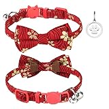 猫 首輪 ネコ 猫用 首輪 子犬 迷子札付き リボン付き 鈴付き セーフティバックル 可愛い 調整可能 軽量 ペット首輪 布 和風 桜柄 レッド 1個入り