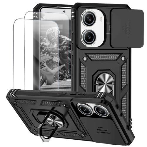 Capa para Xiaomi Poco X7 Pro 5G Capinha | com 2 peças de protetor de tela temperado com janela deslizante da câmera e suporte para telefone incluídos - Preto