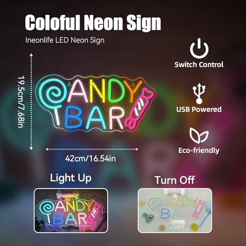 Image of ineonlife Candy Bar Neon Sign Lollipop Neon Signs For Wall Decor Candy Decor Led Lights Birthday Party Teen Bedroom Candy Shop Lollipop Store Halloween Decorations Gifts USB Powered 16.54x7.68in