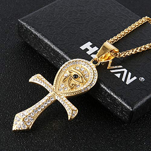 Hzman Cz Eye Of Horus Egypt Protection Pendant Coptic Ankh Cross Religious Stainless Steel Necklace (Gold) #TOP2