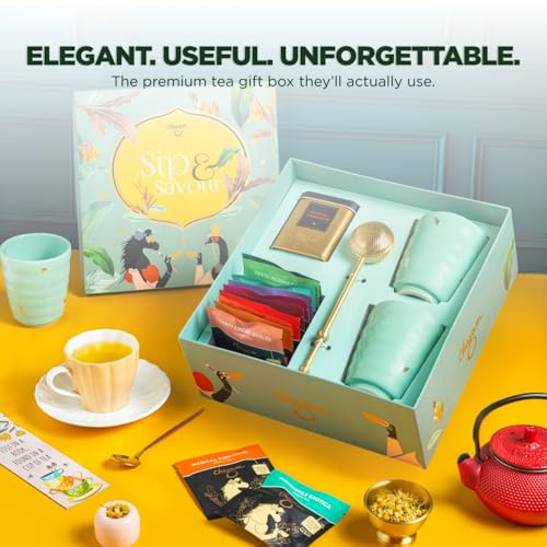 Image of CHAYAM Luxury Tea Gift Set | 10 Assorted Tea Bags, Magical Cinnamon Green Tea, 2 Premium Kulhad Cups & Brass Infuser | Gift Pack for Family and Friends | Anniversary, Wedding, Birthday & Festive Gift Box