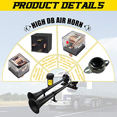 GAMPRO 12V 150db Air Horn, 18 Inches Chrome Zinc Dual Trumpet Truck Air Horn with Compressor for Any 12V Vehicles Trucks Lorries Trains Boats Cars