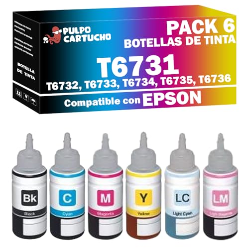 Pulpo Cartucho - Pack 6 Botellas de Tinta T6731, T6732, T6733, T6734, T6735, T6736 Compatible con Epson T-6731 - Valido para Impresoras EcoTank L800, L1800, L805, L810, L850