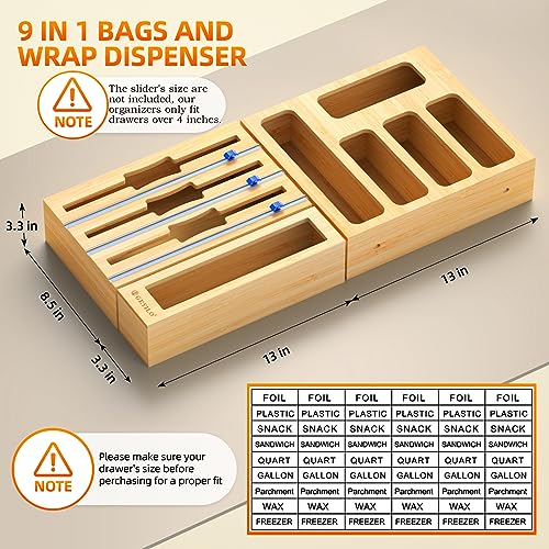 9 IN1 Bamboo Foil and Plastic Wrap Dispenser with Cutter for Kitchen Drawer, Ziplock Bag Storage Organizer, Compatible with Gallon, Quart, Sandwich and Snack Variety Size Bags