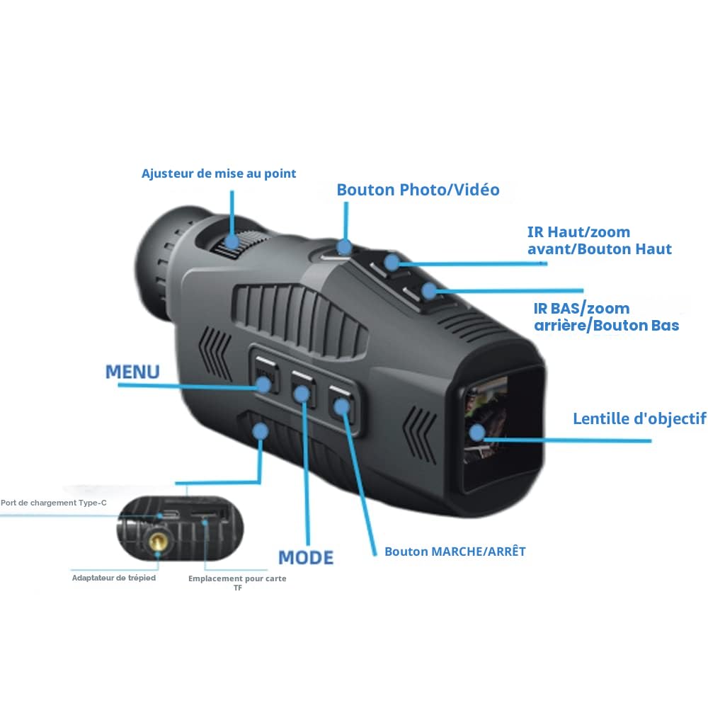 Vision Nocturne monoculaire 1080P, Appareil de Vision Nocturne avec lumière Infrarouge à 7 Niveaux,Zoom numérique 5X,2000 mAh,Utilisation de Jour comme de Nuit pour la Prise de Photos et de vidéos