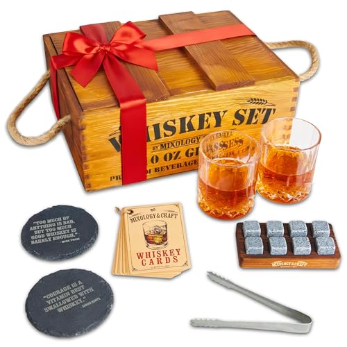 Product Image of the Mixology & Craft Premium Whiskey Set | Two 10oz Cystal Old-Fashioned Glasses, 8 Granite Chilling Stones, Metal Tongs, Recipe Cards in Rustic Wooden Crate Gift Set | Jameson Whiskey