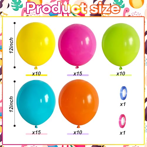 Image of Hawaii Balloons Set, Pack of 60 12 Inch Hot Pink Orange Blue Light Green Yellow Neon Rainbow Latex Balloon for Summer Tropical Flamingo Luau Beach Aloha Baby Shower Birthday Party Decorations Supplies