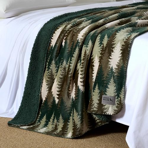 Image of Eddie Bauer - Oversized Throw Blanket 50x70, Reversible Plush Blanket for Couch or Bed, Nature Inspired Room Decor (Stepped Pines Green)