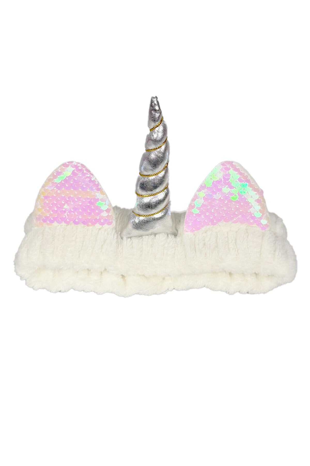 Toyaş Unicorn Peluş Bandana Makyaj Saç Bandı Beyaz Gümüşi Boynuzlu