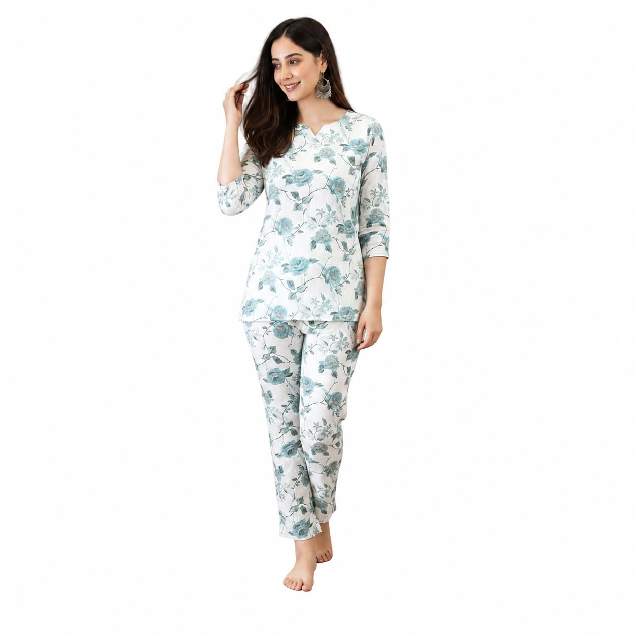 navya clothingo Women's Floral Printed Cotton Night Suit Set, White with Teal, 3/4 Sleeve, Relaxed Fit Top & Pyjama-picture-38
