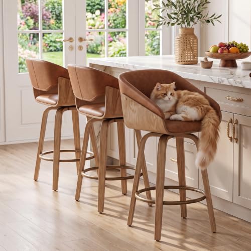 Image of 26 inch Swivel Bar Stool Set of 1, Brown Faux Leather Counter Height Barstool
