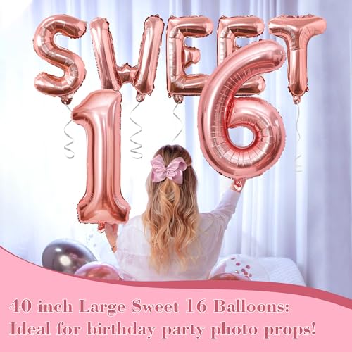 Image of Rose Gold Pink Sweet 16 Party Balloons Decorations - 40inch Number 16 Balloons Happy 16th Birthday Sweet Sixteen Party Decorations for Girls Anniversary Events Supplies