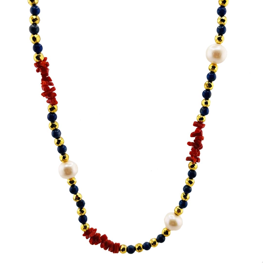 Generico Collana lunga sfere in giada blu cupolini in corallo rosso naturale del Mediterraneo ematite e perla naturali di acqua dolce gioiello artigianale da donna ragazza