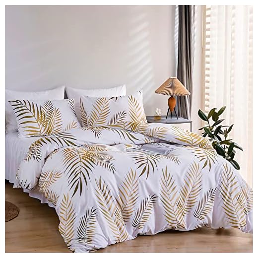Set Housse de Couette 140x200 cm Motif Feuilles Tropicales Dorées Botanique pour 1 Personne et 1 x Taie d'oreiller 65x65 cm 100% Microfibre Parure de Linge de Lit avec Fermeture Éclair, Or Blanc