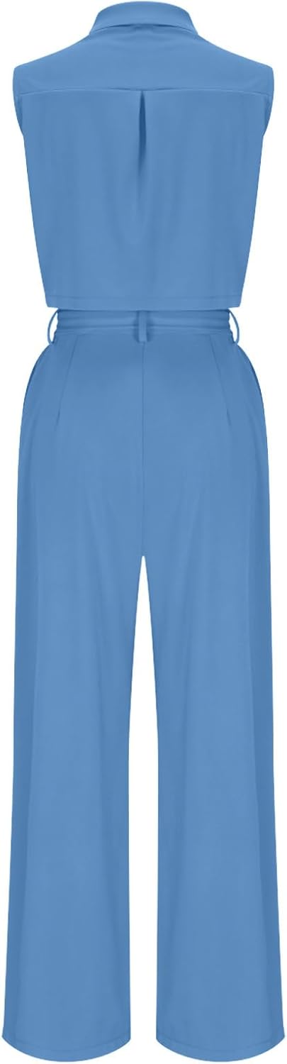2 Piece Outfits for Women Button Front Crop Waistcoat Wide Leg Palazzo Pants Belted Sets Business Casual Set