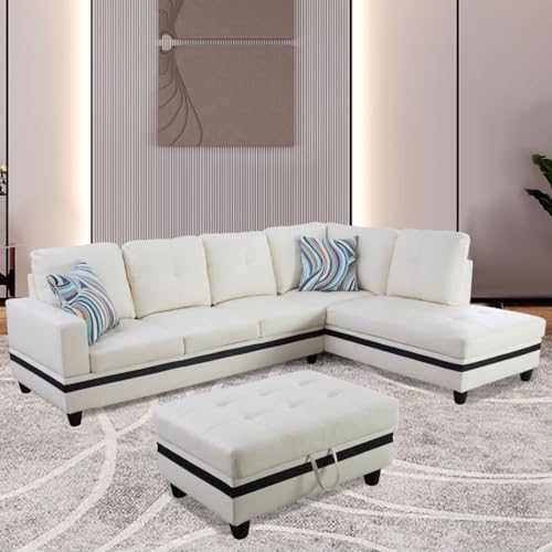 Image of L-Shaped 3-Piece Semi PU Synthetic Leather Sofa with Storage Ottoman Set, Sectional Couch Sofa Set for Living Room, Office, Small Space, White and Black-2