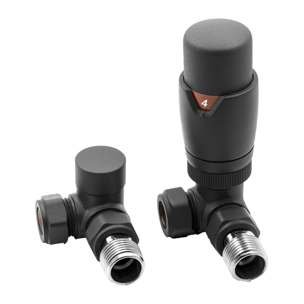 Reina Modal TRV & Lockshield Radiator Valve Set (15mm x 1/2") - Corner - EVO (Anthracite)
