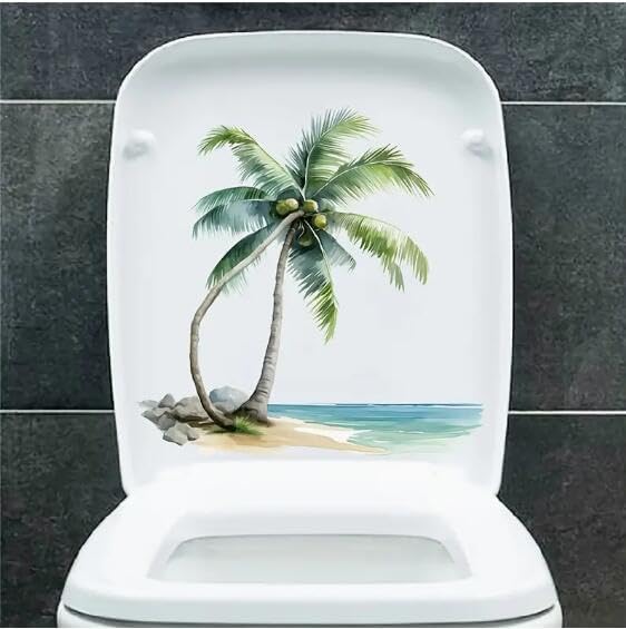 Christmas Tropical Beach Palm Tree Toilet Cover Sticker Decals Waterproof Toilet Lid Tank Seat Decals Cistern Self-Adhesive Bathroom Wall Sticker