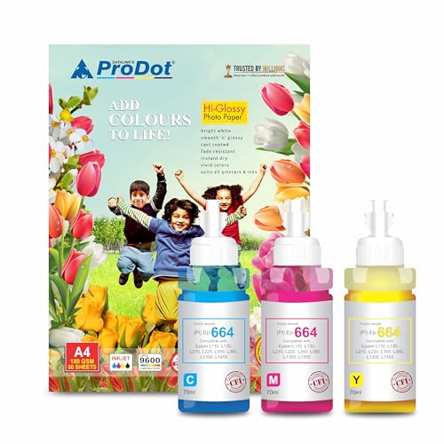 Image of ProDot Ep 664 Inkjet Ink Refill Compatible with Epson L100, L130, L210, L220, L300, L310, L350, L355, L360, L380, L485, L565, L655, L1300, L1455 Ink Tank Printers (70 ml, C /M /Y)