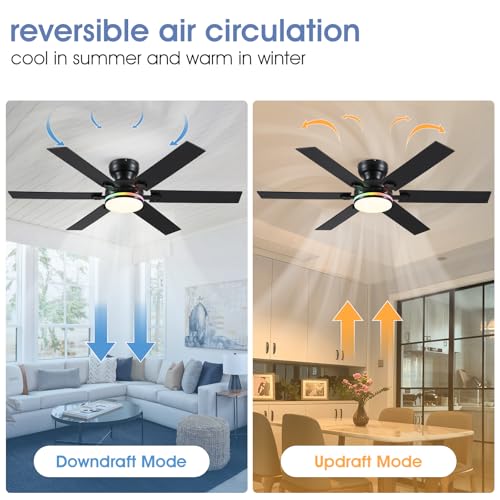 Image of 52 inch RGB Ceiling Fans with Lights and Remote /APP,Black Low Profile Ceiling Fans with Quiet Reversible DC Motor,Modern Flush Mount Fans Light for Bedroom Kids Room