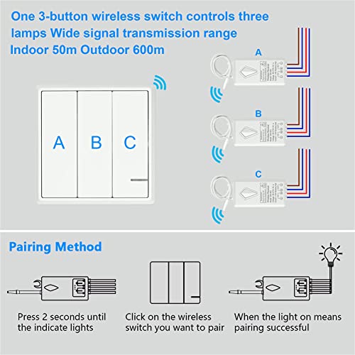 Wireless Light Switch, Thinkbee 3 Gang Wall Switch With Mini Receiver, Outdoor 1900Ft Indoor 160Ft Remote Control House Office Hotel Factory Ceiling Lamp Led, No Wiring, Ip66 Waterproof #TOP2