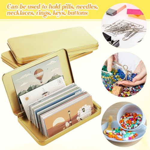 Image of Geiserailie 4 Pack Rectangular Metal Tin Box with Lid Metal Hinged Lid Tin Mini Paint Storage Box Empty Container Storage for Watercolor Jewelry Pen Candy Craft Organizer 7.0 x 4.2 x 0.6'' (Gold)