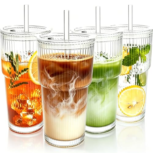 Colnic 4PCS 20oz Glass Cups with Lids and Straws, Iced Coffee Cups with Lids, Stylish Ribbed Thick Drinking Glasses Tumbler for Juice, Smoothies, Cold Beverages, Cute Cup Gifts with Clean Brush - image 1