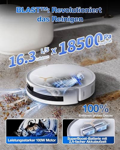 ECOVACS DEEBOT T50 MAX PRO Omni Saugroboter mit Wischfunktion, 18.500Pa, ZeroTangle 2.0, Tiefenreinigung f&uuml;r Teppiche, Ausfahrbare Seitenb&uuml;rste & Wischmodul, Hei&szlig;wasser-Reinigung 40-75℃, Wei&szlig;