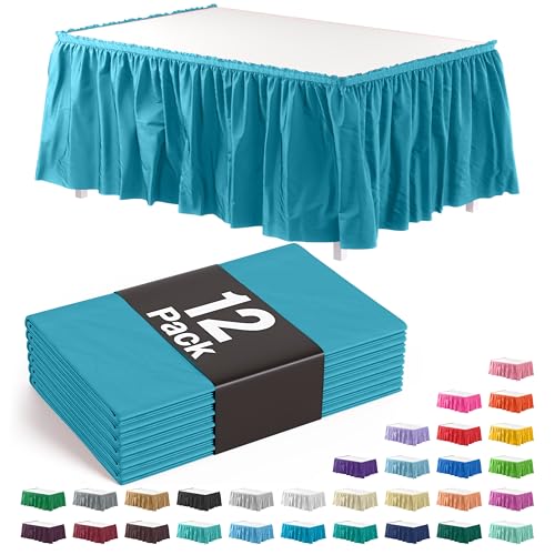 Exquisite Turquoise Table Skirt 12 Pack - Disposable Plastic Table Skirts for Rectangle Tables 6ft 8ft & Round Tables - 29in x 14ft Self-Adhesive Strip - Birthday Wedding Gender Reveal Decor