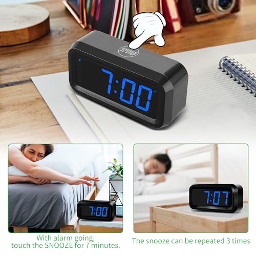 Image of KWANWA Small Digital Alarm Clock, 1.2inch Dark Blue LED Digits, Adjustable Brightness, Dim Night Model, 12H /24H, Battery Operated, Wall Mount, Snooze, Clock for Kids Bedroom, Small Travel Clock