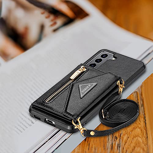 Kudex Envelope Crossbody Lanyard Case For Samsung Galaxy S21 Plus 5G Case,Slim Leather Flip Magnetic Back Wallet Purse Case With Card Holder Zipper Pocket Kickstand Shoulder Strap For Women(Black) #TOP3