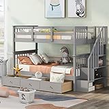 Harper & Bright Designs Twin Over Twin Bunk Bed with Stairs, Solid Wood Bunk Bed with Storage Drawers for Kids Teens Adults (Gray)