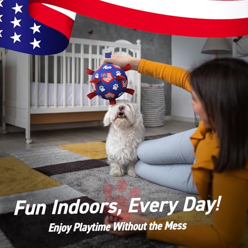 Image of QDAN Dog Toys, Dog Soccer Ball with Straps, Herding Ball for Small Dogs | 6 Inch Dog Toy Ball for 20-40 lbs Dogs, Outside Dog Toys for Beach Pool Water Fun to Keep Them Busy, Puppy Birthday Present
