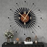 22 Inch Modern Sunburst Wall Clock Battery Operated, Black Metal Radiating Design with Walnut Wood Center, Silent Quartz Movement, Gold Hands – Decorative Clocks for Living Room, Office, Bedroom