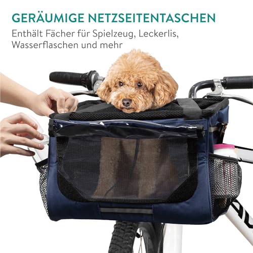 Navaris Hundekorb Fahrrad vorne - Hundefahrradkorb vorn - Fahrradkorb Hund - Für Hunde bis zu 10 kg - Praktische Zusatztaschen - Fahrradkorb Lenker mit Trageriemen - Blau