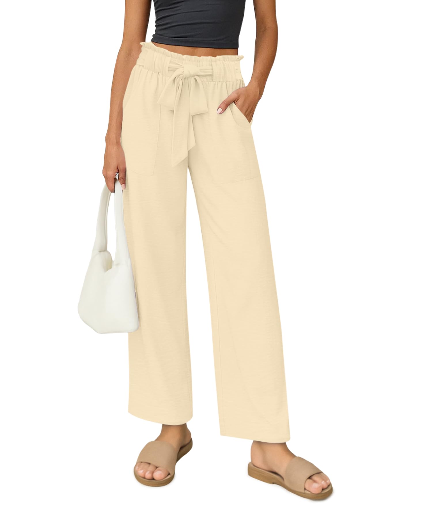 Womens Palazzo Pants Wide Leg High Waisted with Pockets Casual Lightweight Trousers Elastic Waist Summer Beach