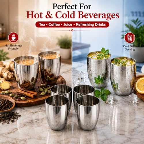 Image of Ajay's Shoppe Stainless Steel Drinking Glass Set of 6, 350 ml, 10 x 8 cm, Kullad Shape Steel Tumblers for Water, Juice & Lassi, Food Grade, Rust-Resistant