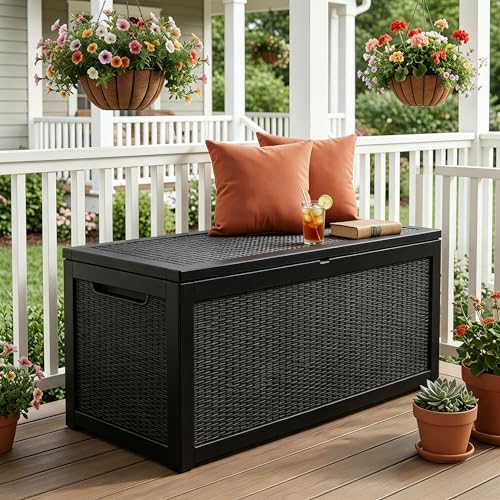 Image of 318 Gallon Large Resin Deck Box - Waterproof Outdoor Storage Chest for Patio Cushions, Garden Tools & Pool Supplies, UV-Resistant All-Weather Construction, Lockable Lid & Hydraulic Rods, Easy Assembly