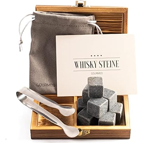 GOURMEO Basalt Whiskey Stones Set - 9 Reusable Whisky Cubes with Tongs - Ice Stones for Drinks in Wooden Case and Velvet Pouch - Gifts for Men Cover