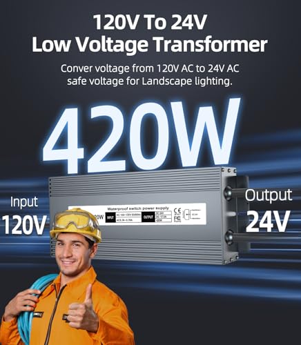 Image of 24V 420W Low Voltage Transformer, IP67 Waterproof Outdoor LED Power Supply Driver, AC 100-130V to DC 24V Converter Power Adapter for Indoor Outdoor LED Light, Computer, Landscape Lighting Project